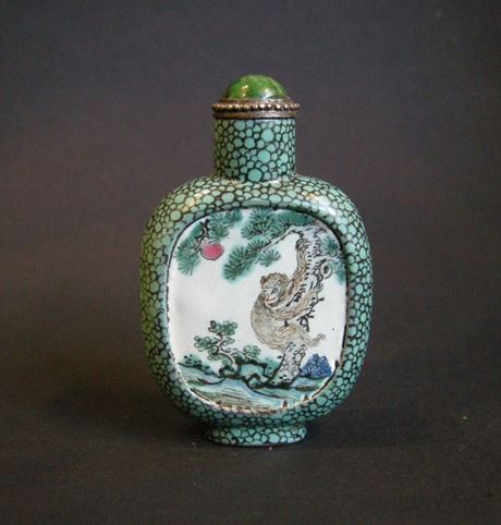 Snuff Bottles : Yixing ware snuff bottle enamelled on a face with a monkey and other face with horses   - circa 1820/1860