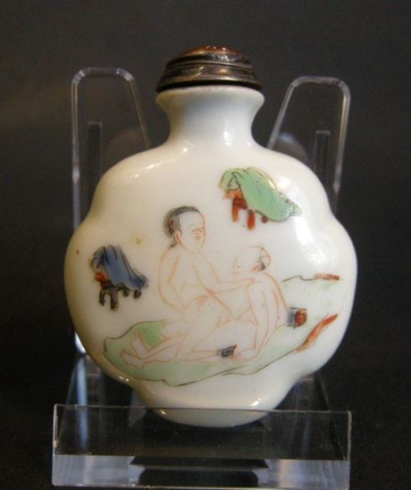 Snuff Bottles : Porcelain snuff bottle shape rare  decorated on each face with erotic decor 
19° century