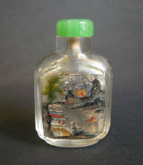 Snuff Bottles : Glass snuff bottle Inside painted with landscapes in each face 
Lingnan school   1850/60