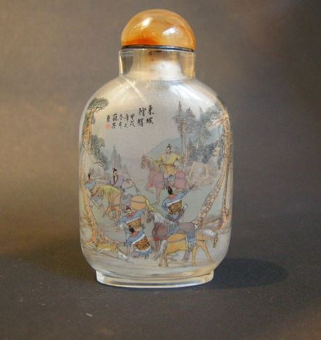 Snuff Bottles : snuff bottle glass Inside painting with hunting scene -  dated 1994 November - signed  Su Qidong