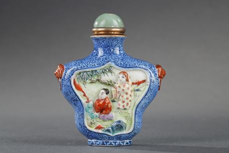 Snuff Bottles : snuff bottle porcelain molded with two caracthers on each side ..  masks and  rings on the shoulders-
19th century