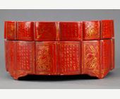 Works of Art : lacquer box painted with flowers and caligraphy  with in the interior sweetmeat set in Canton enamels   - 
the lacquer box is  vietnamese  19° century -
the sweetmeat set Canton enamels 1790/1820
