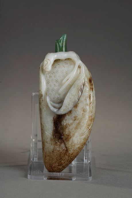 Snuff Bottles : Snuff bottle grey jade nephrite carved in the shape of a margose or balsam pear (bitter cucumber) with its stem, the animated bottom of honeycombs and a bee. China 1760/1850
H 8cm
