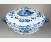 Blue White : Tureen and its cover in blue white porcelain from a European orfevrerie model - flowers shaped handles - China Qianlong Period 1736/1795