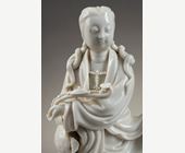 Blue White : Figure of Guanyin seated in porcelain "Blanc de Chine" - Kilns of Dehua province of Fujian - 19th century - (illegible stamp)