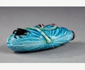 Snuff Bottles : Snuff bottle in the shape of rolled lotus leaf and turquoise enamel biscuit buttons with scarab - China 1880/1930