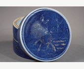 Blue White : Dining box has two compartments in blue powder porcelain enamelled gold with an immortal on a qilin and Buddhist objects (gold as usually worn) Kangxi period 1662/1722