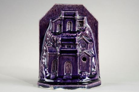 Blue White : sculpture porcelain aubergine color probably paperweight in form of houses and rocks - 19° century -