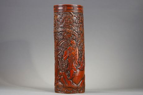 Works of Art : large bamboo brushpot with carved decor China 19em century