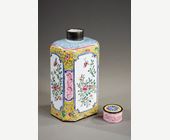 Works of Art : Rectangular bottle finely painted on copper enamel of the famille rose style . Canton China 18th century
