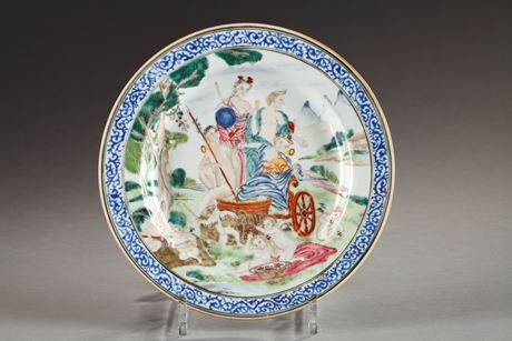 Polychrome : Assiette ornée d'après Francesco Albani embleme de la" Terre " dans les quatre éléments Chine vers 1745   