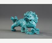 Objets d'art : Petit chien de Fo en turquoise matrix - Chine vers 1900
