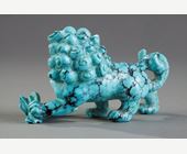 Objets d'art : Petit chien de Fo en turquoise matrix - Chine vers 1900