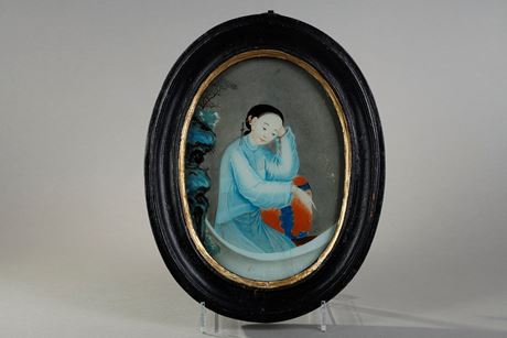 Objets d'art : Fixé sous verre encadré representant une dame de cour . Chine 19em siècle