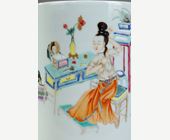 Polychrome : Porcelain brush pot Famille Rose Decorated with a courtesan in front of a desk and a child playing - China Qing Period 1644/1911