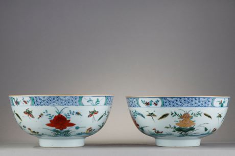 Polychrome : Pair porcelain bowls  "Famille verte" decorated with the doucai style  - Yongzheng period 1723/1735

(D 19,3cm)