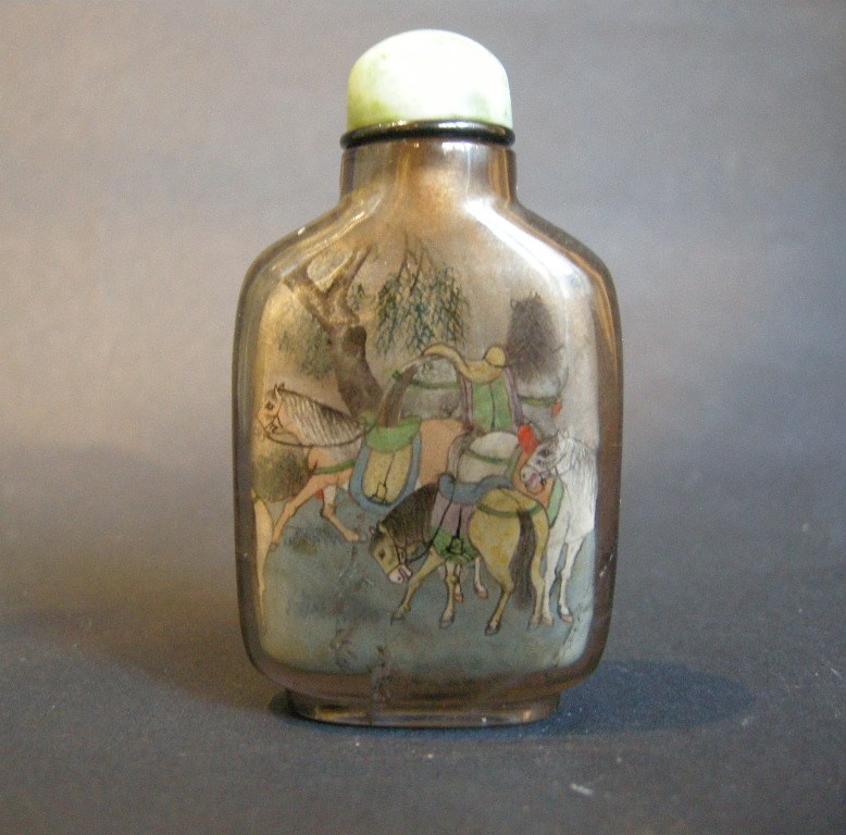 Snuff Bottles : snuff bottle Inside painted  in rock Crystal smoked  decorated with eight horses  painted and signed by Ye Zhongsan 1925