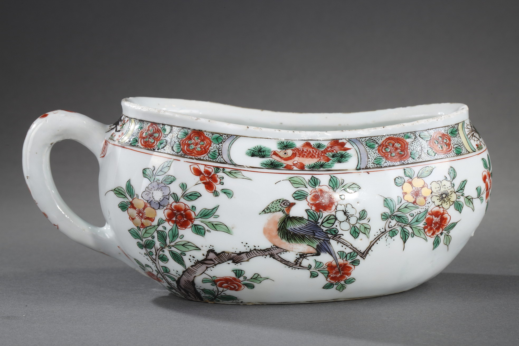 Polychrome : Bourdaloue  "Famille verte"  porcelain - decorated with birds and flowers  and with fish crab and shrimp - Kangxi period 1662/1722