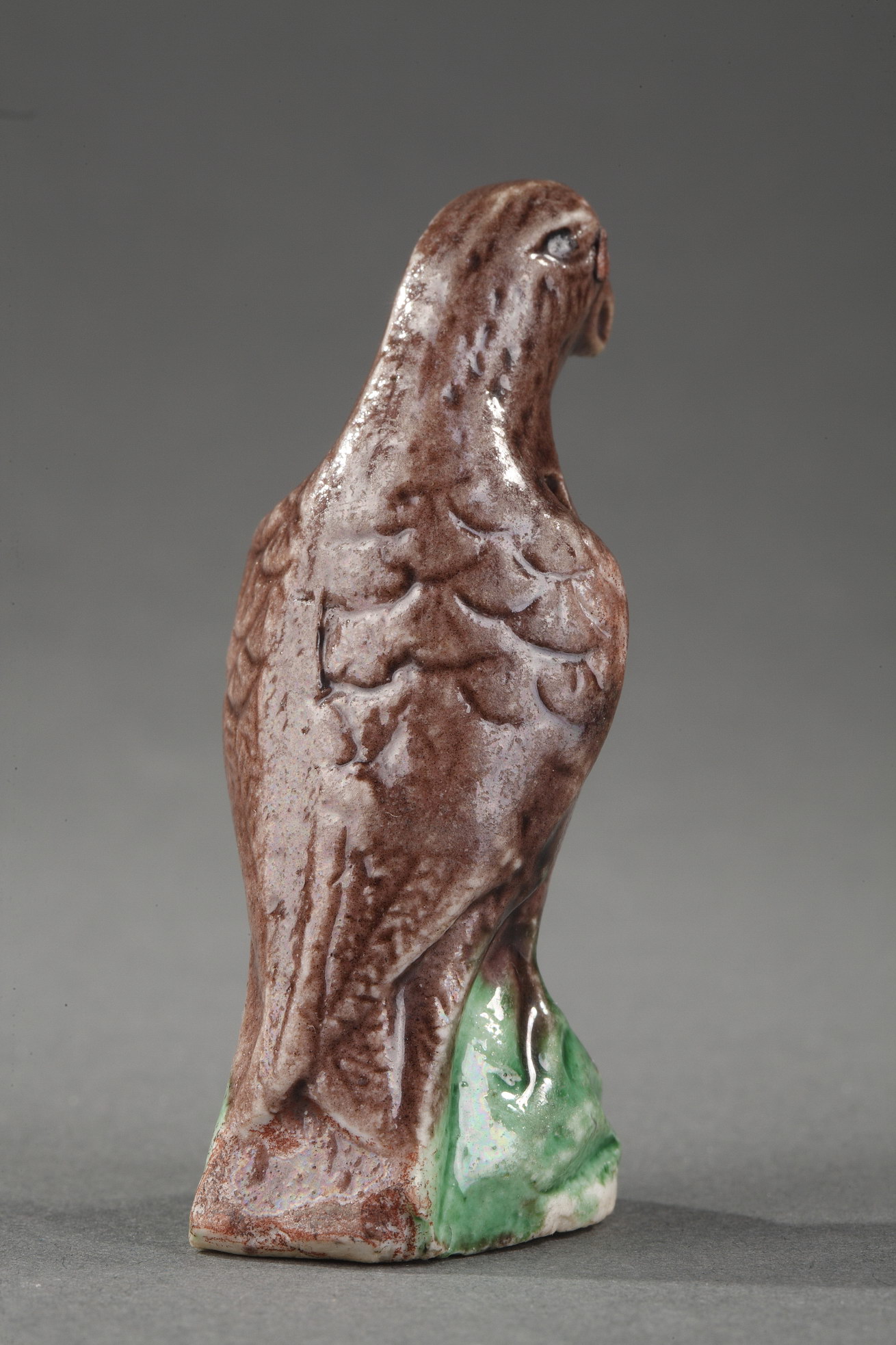 Polychrome : Chinese brown and green enamelled biscuit pair of birds miniature standing on a rock - Kangxi period 1662/1722  
Hight 6cm
