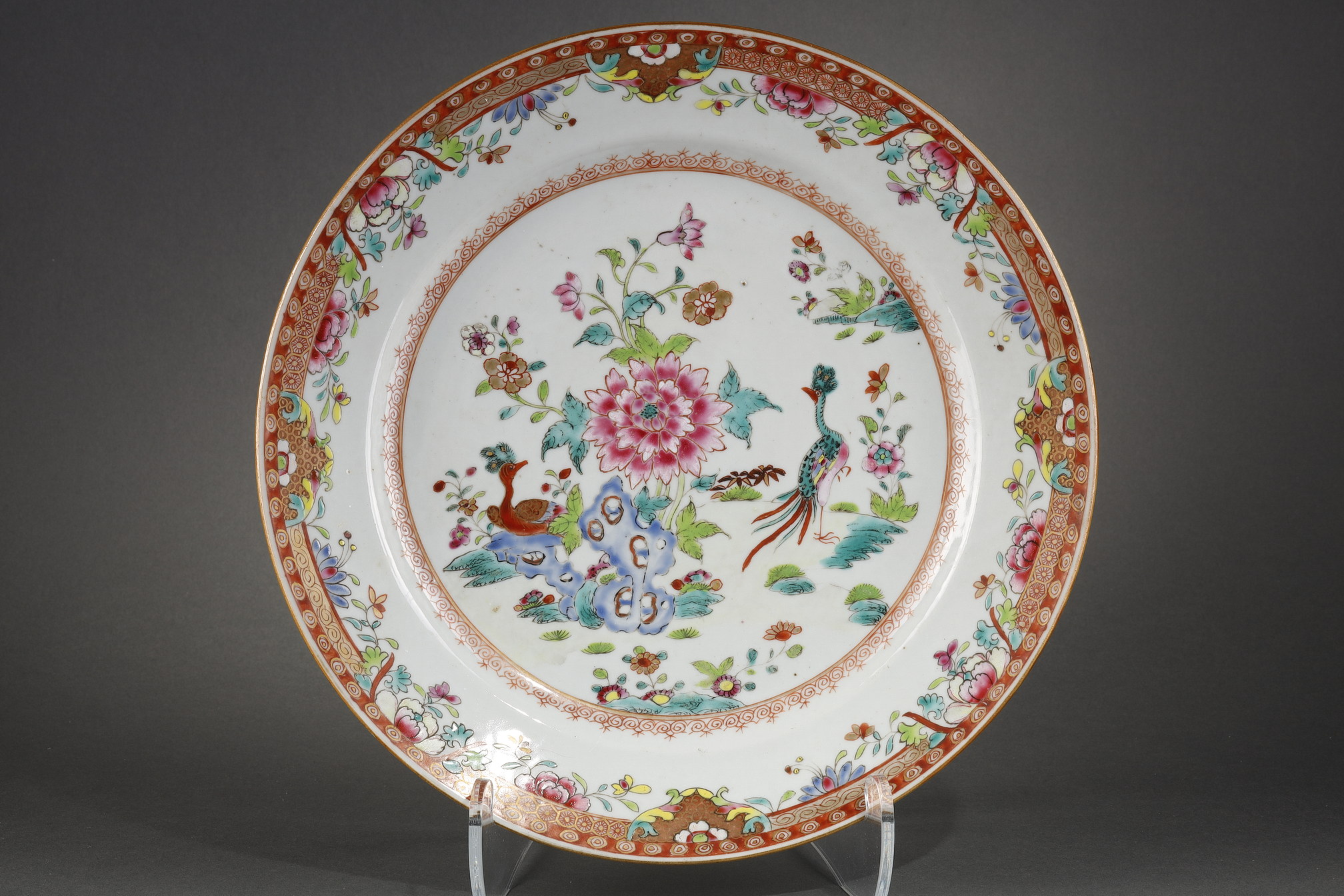 Polychrome : Dish porcelain Famille rose decorated with two birds and flowers - Qianlog period 1736/1795