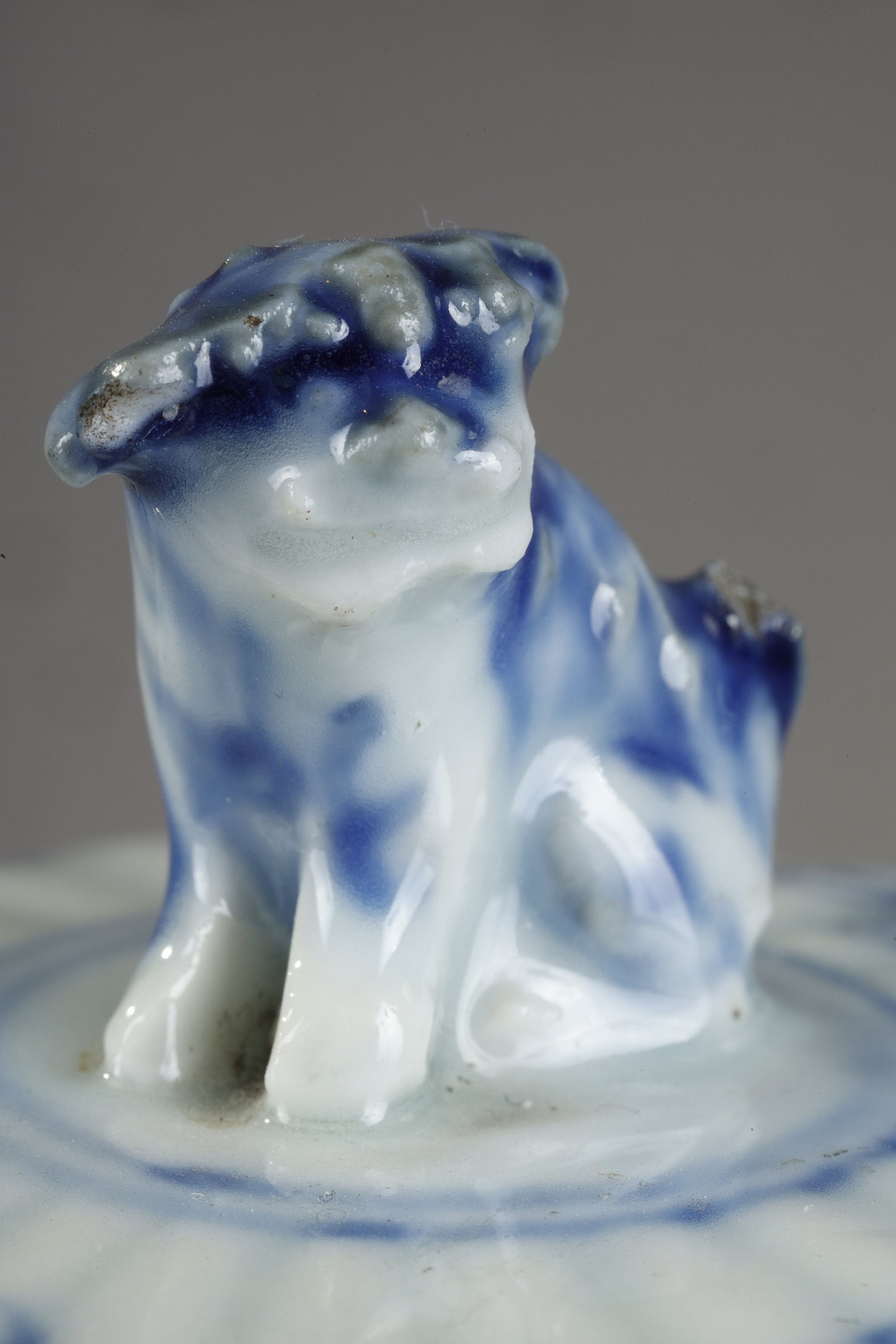 Blue White :  blue and white porcelain jug and cover decorated with butterfly birds flowers and lambrequins in the taste of Delft . On the cover the dog shape - China epoque Kangxi 1662/1722 around 1700 1720