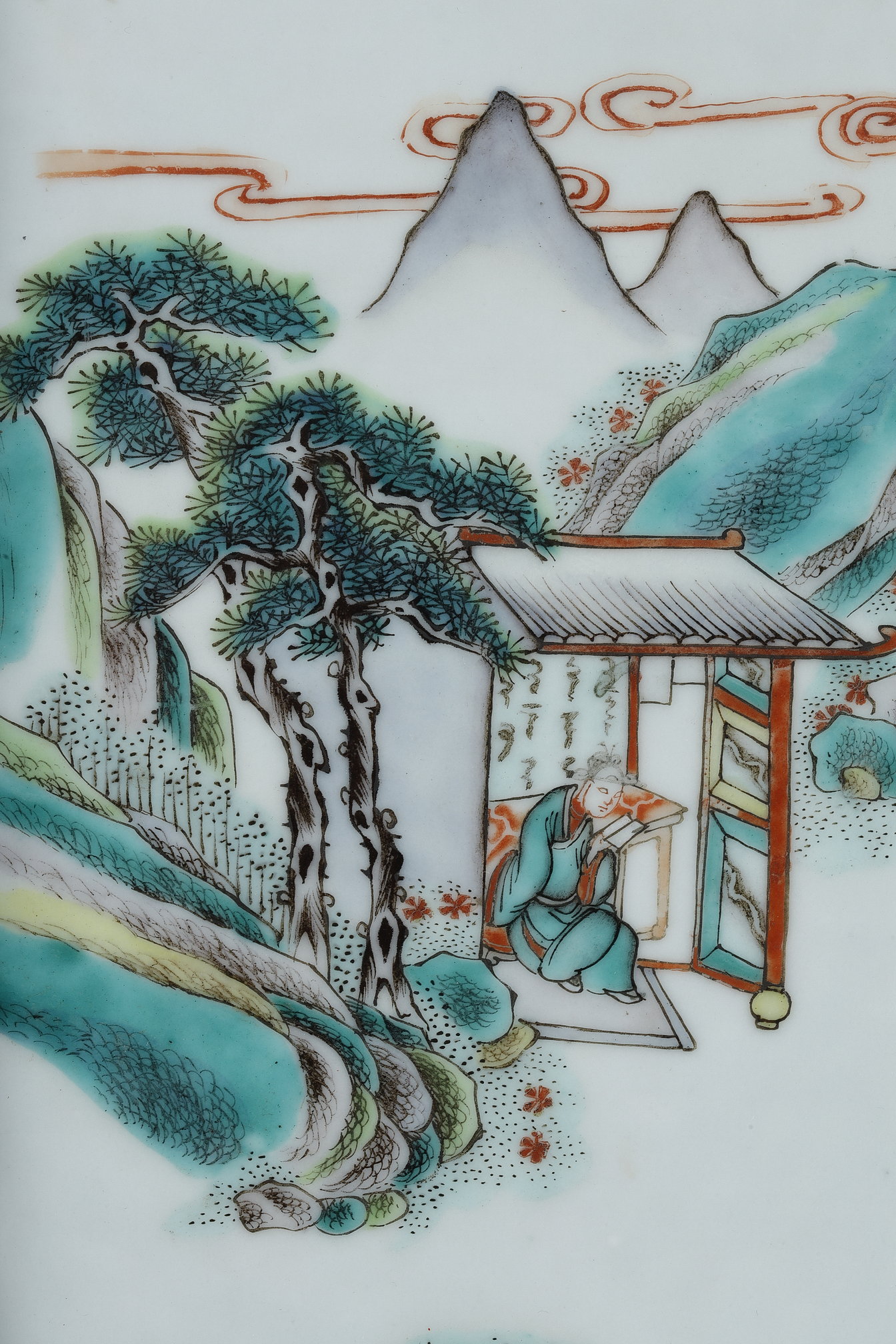 Polychrome : Pair of porcelain quadrangular plaques of the "Famille Verte"  has decorated characters in a landscape - 19th century