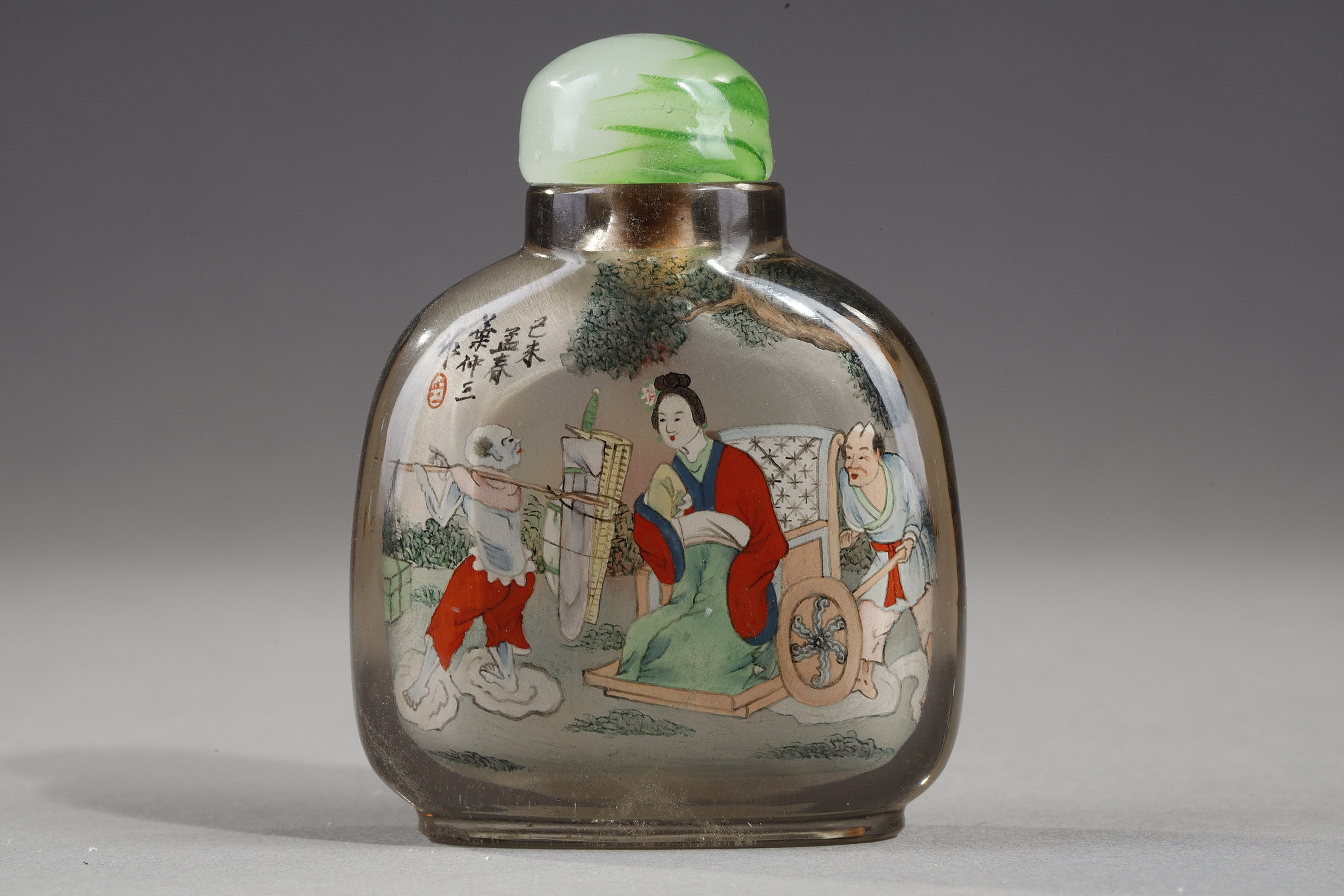 Snuff Bottles : Smoked rock crystal snuff bottle painted inside Zhong Kui the demons tamer and on the other side the sister of Zhong Kui - China painted in the workshop of the Apricot grove signed by Ye Zhongsan and dated 1919