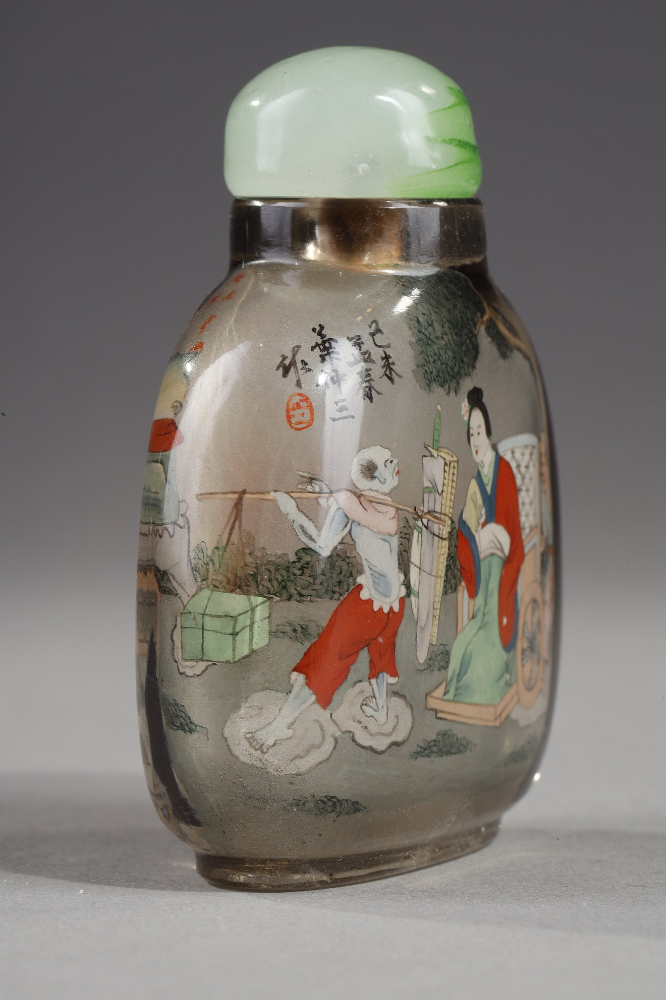 Snuff Bottles : Smoked rock crystal snuff bottle painted inside Zhong Kui the demons tamer and on the other side the sister of Zhong Kui - China painted in the workshop of the Apricot grove signed by Ye Zhongsan and dated 1919