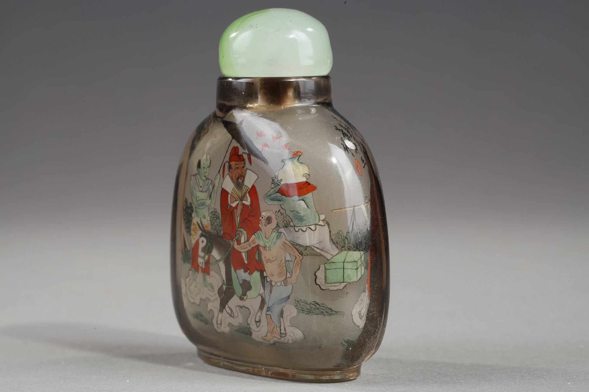 Snuff Bottles : Smoked rock crystal snuff bottle painted inside Zhong Kui the demons tamer and on the other side the sister of Zhong Kui - China painted in the workshop of the Apricot grove signed by Ye Zhongsan and dated 1919