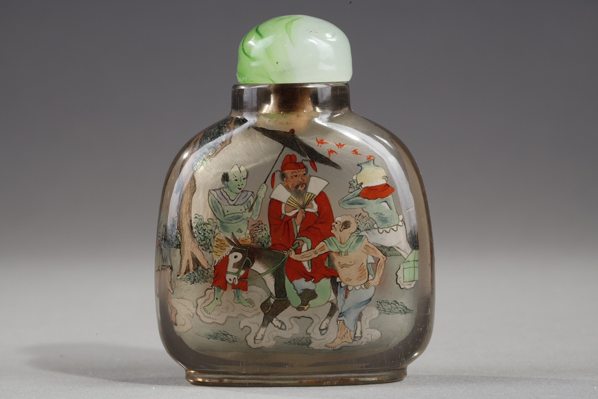 Snuff Bottles : Smoked rock crystal snuff bottle painted inside Zhong Kui the demons tamer and on the other side the sister of Zhong Kui - China painted in the workshop of the Apricot grove signed by Ye Zhongsan and dated 1919