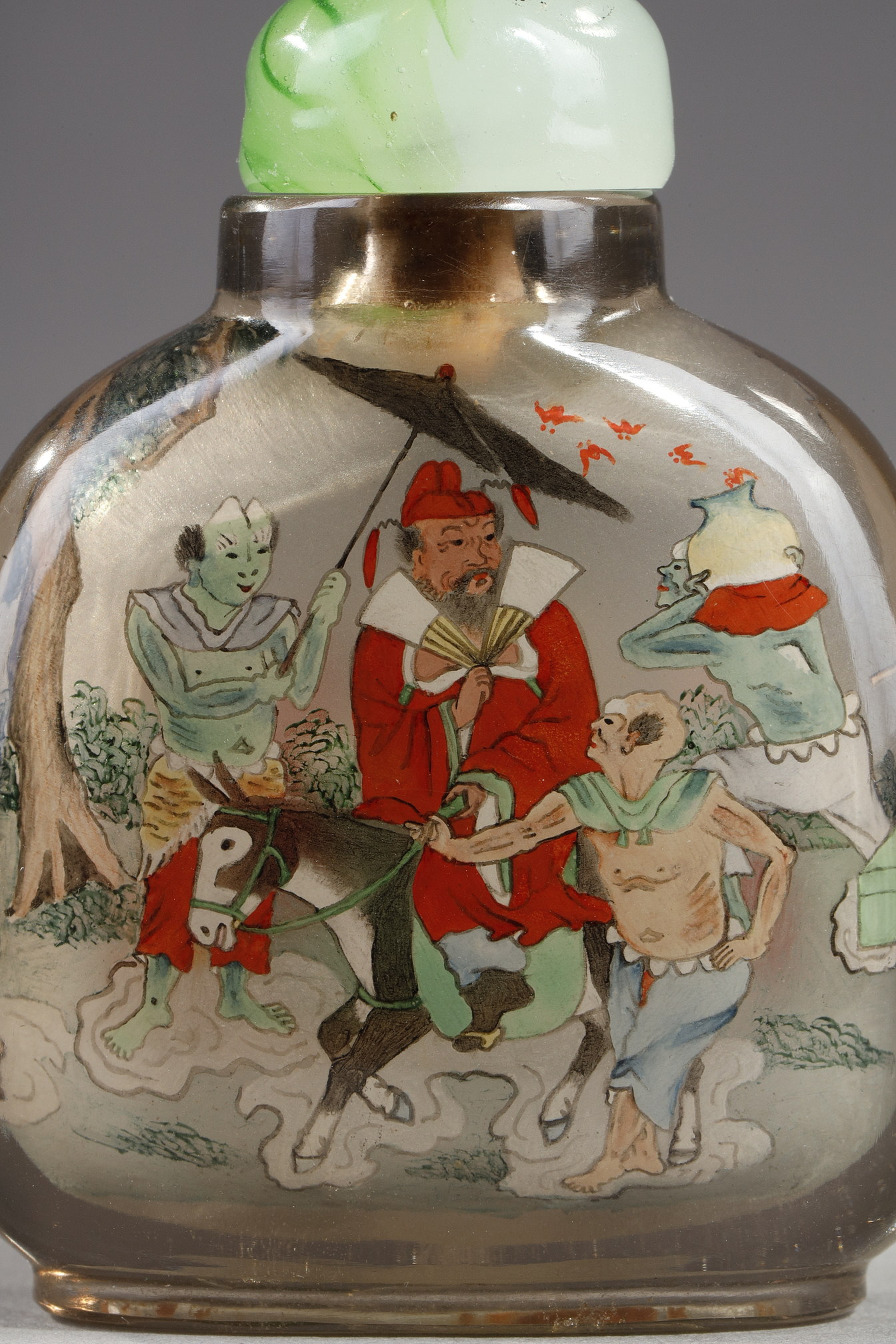 Snuff Bottles : Smoked rock crystal snuff bottle painted inside Zhong Kui the demons tamer and on the other side the sister of Zhong Kui - China painted in the workshop of the Apricot grove signed by Ye Zhongsan and dated 1919