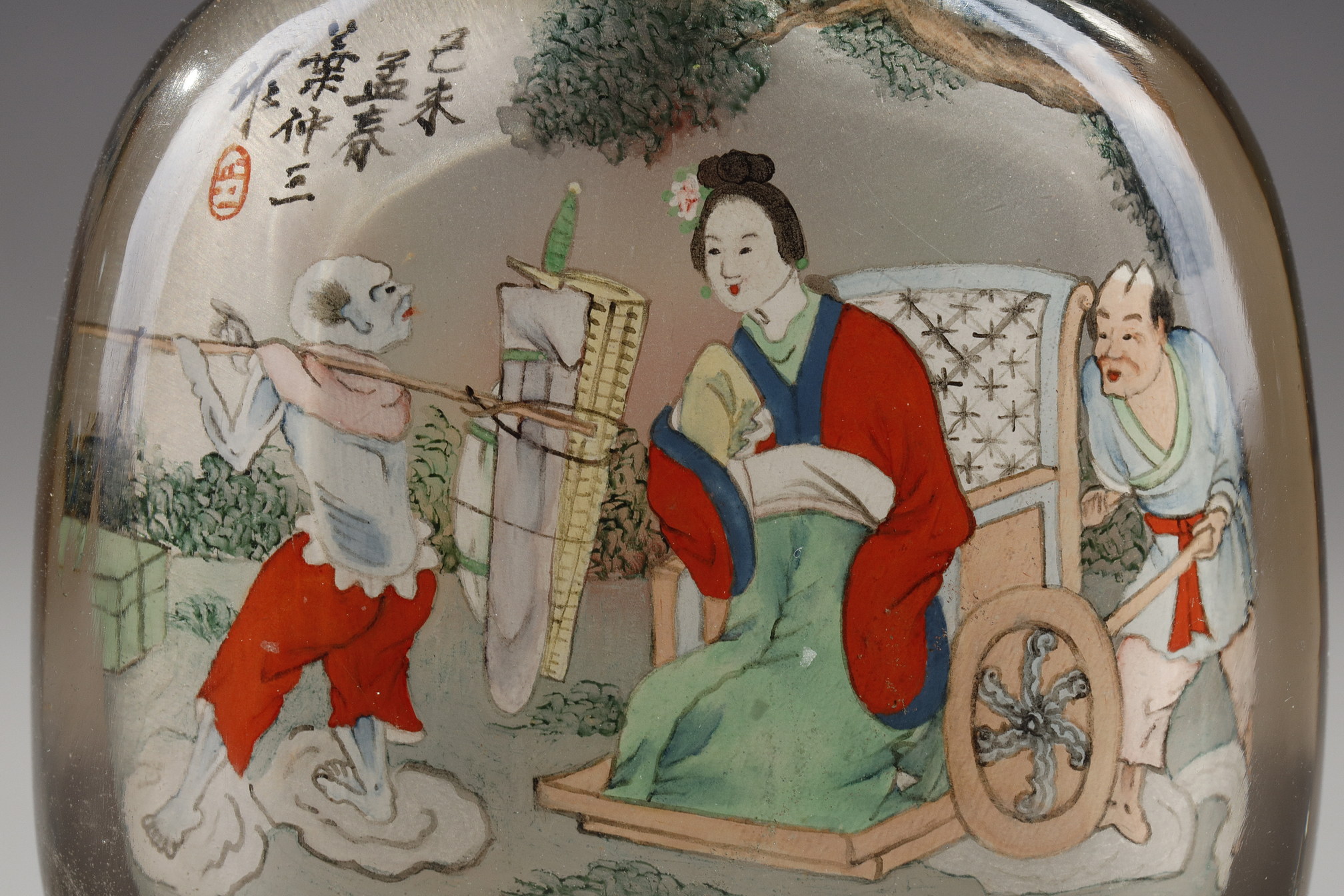 Snuff Bottles : Smoked rock crystal snuff bottle painted inside Zhong Kui the demons tamer and on the other side the sister of Zhong Kui - China painted in the workshop of the Apricot grove signed by Ye Zhongsan and dated 1919