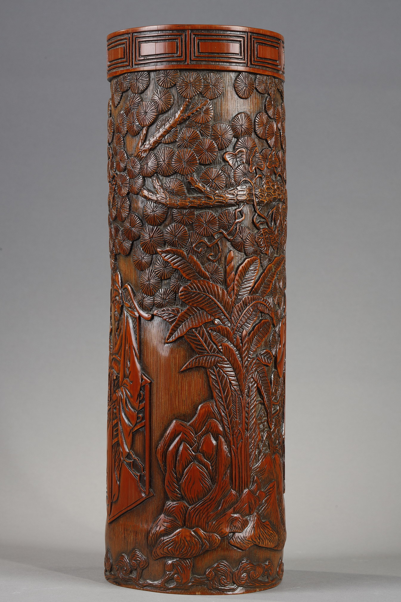 Works of Art : large bamboo brushpot with carved decor China 19em century