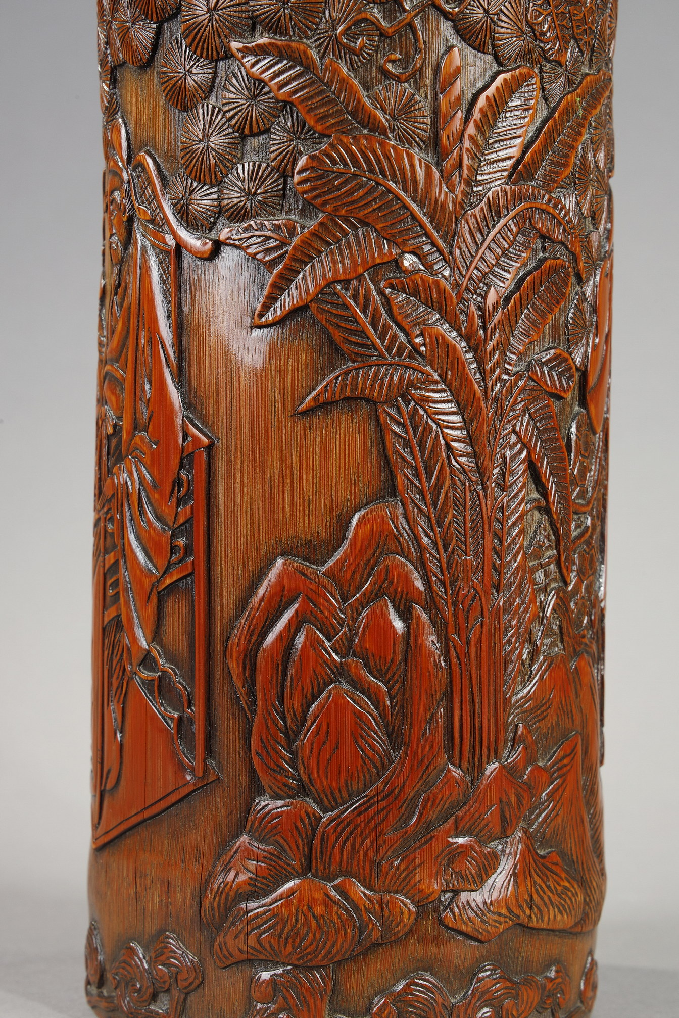 Works of Art : large bamboo brushpot with carved decor China 19em century