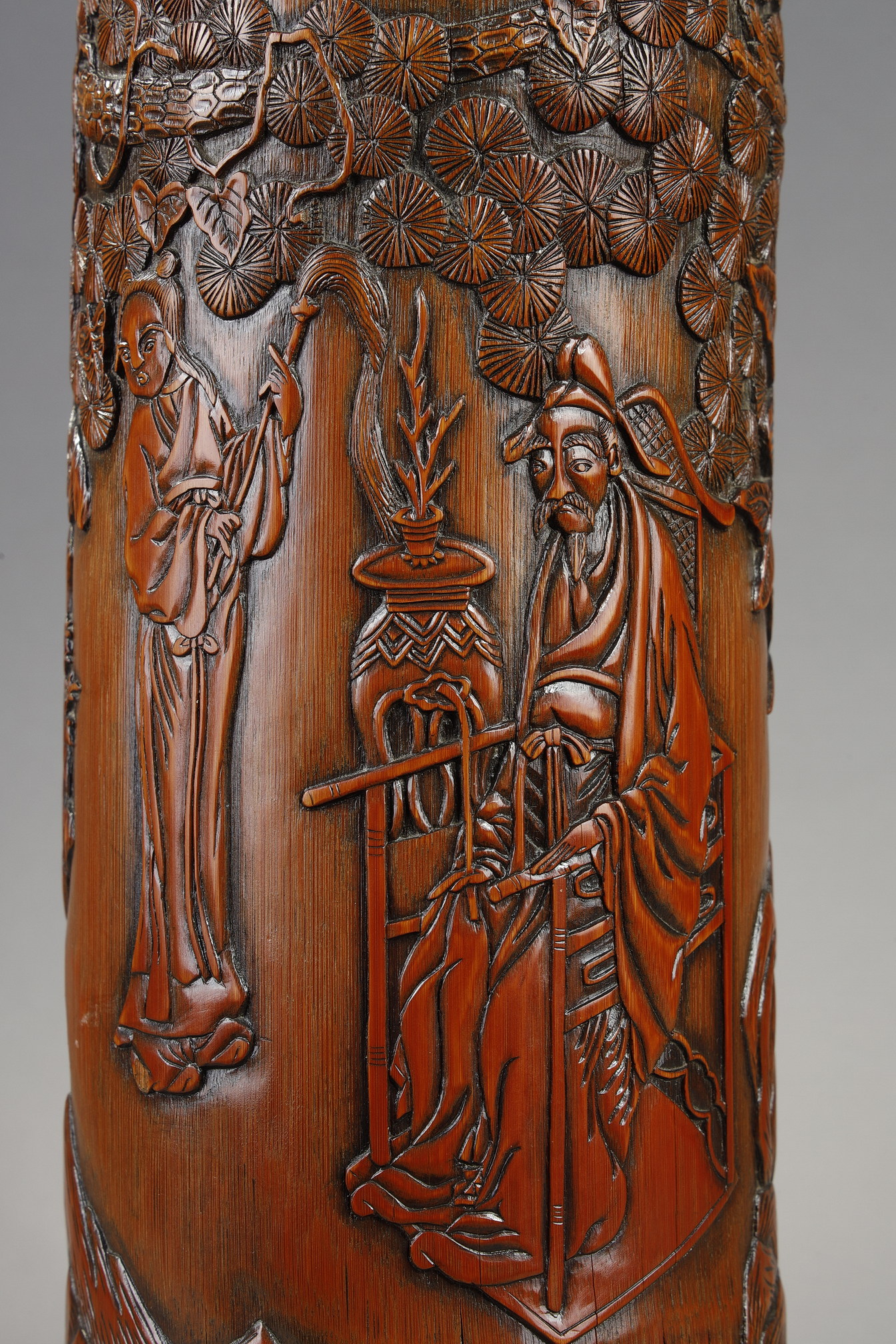 Works of Art : large bamboo brushpot with carved decor China 19em century