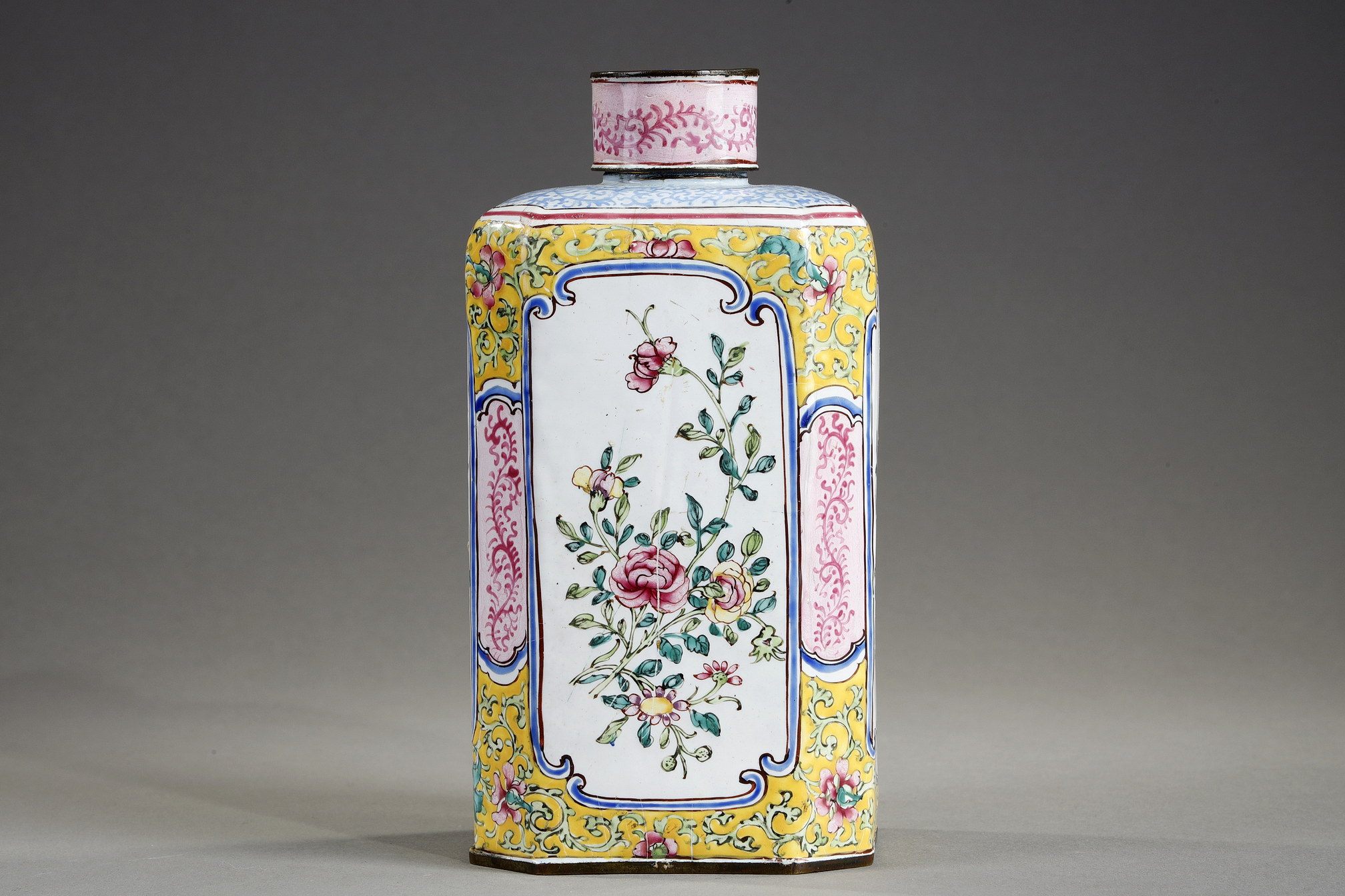 Works of Art : Rectangular bottle finely painted on copper enamel of the famille rose style . Canton China 18th century
