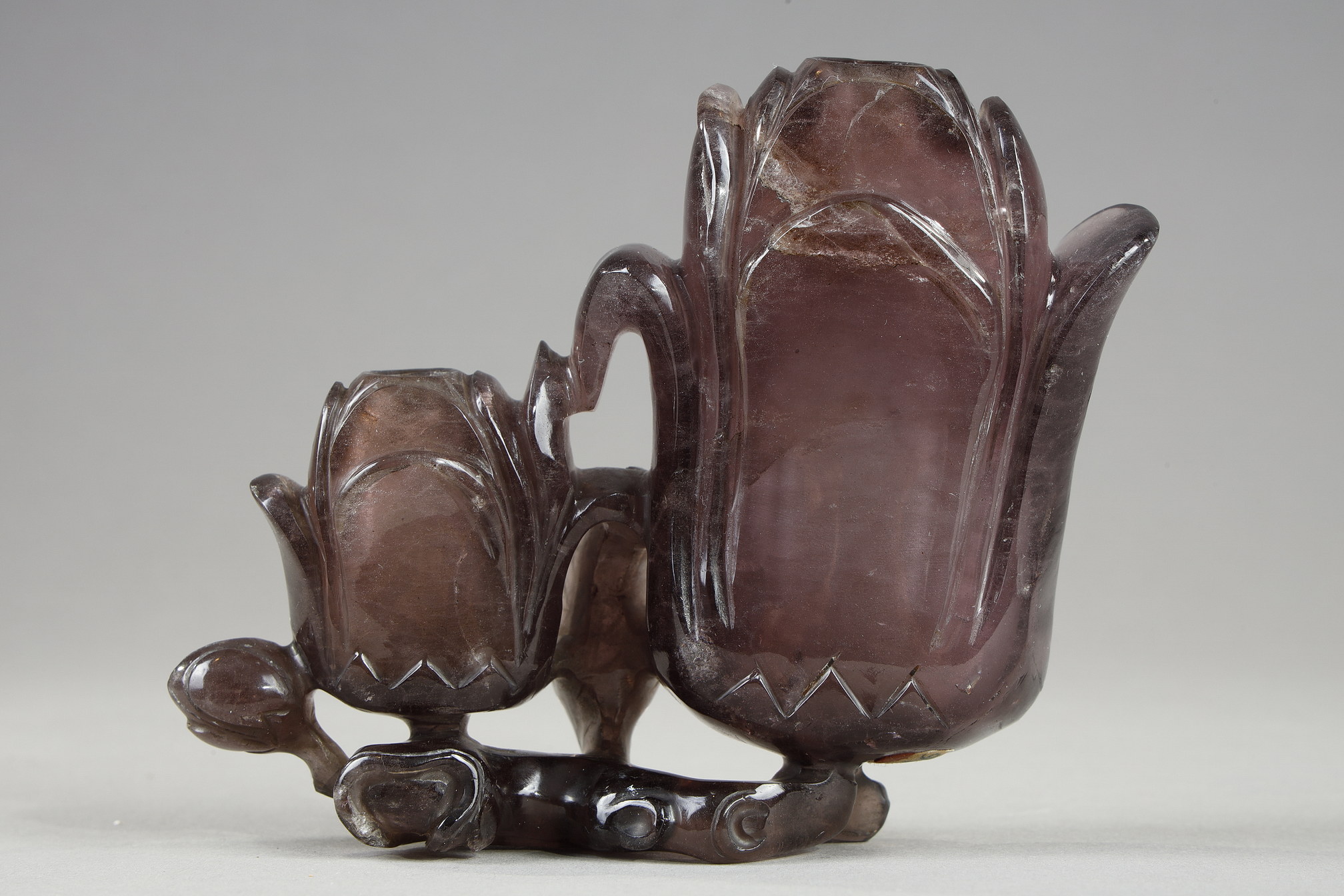 Works of Art : Amethyst group forming double vase depicting two magnolia flowers and branches China
 19em century