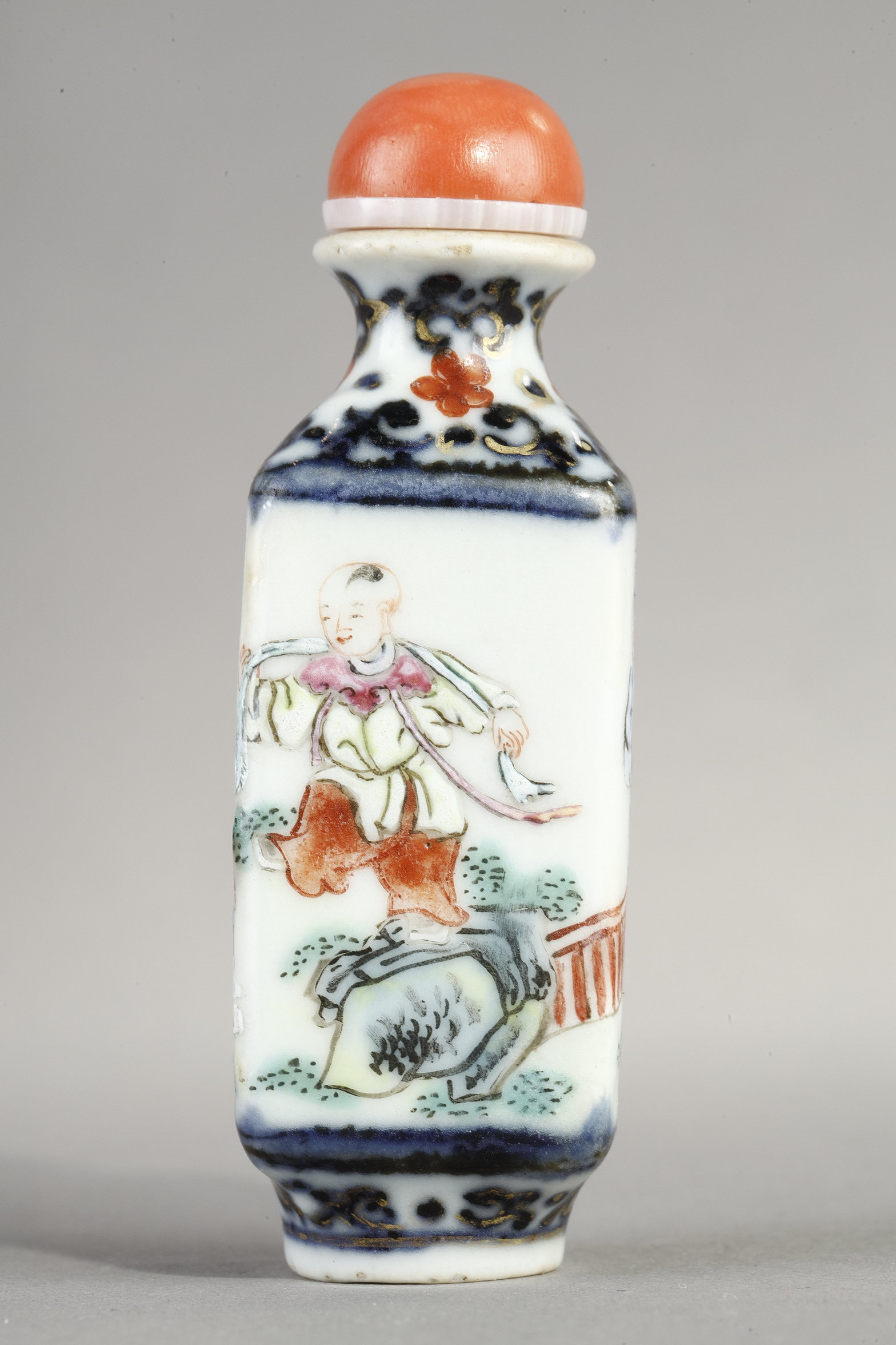Snuff Bottles : Porcelain quadrangular snuff bottle with a child on each side - China mark and period Qianlong around 1790 /95