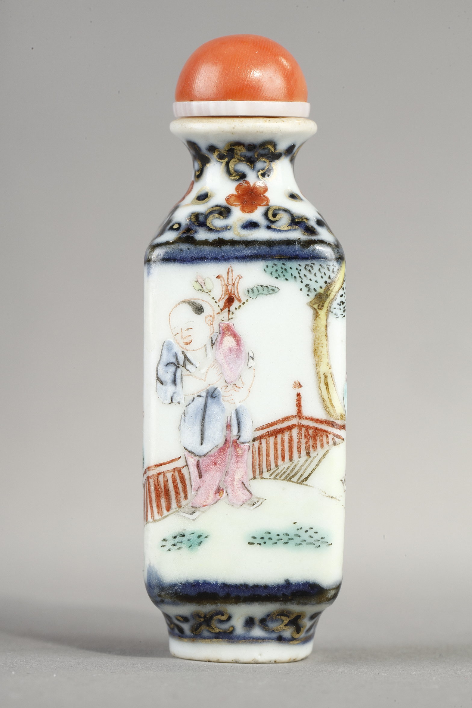 Snuff Bottles : Porcelain quadrangular snuff bottle with a child on each side - China mark and period Qianlong around 1790 /95
