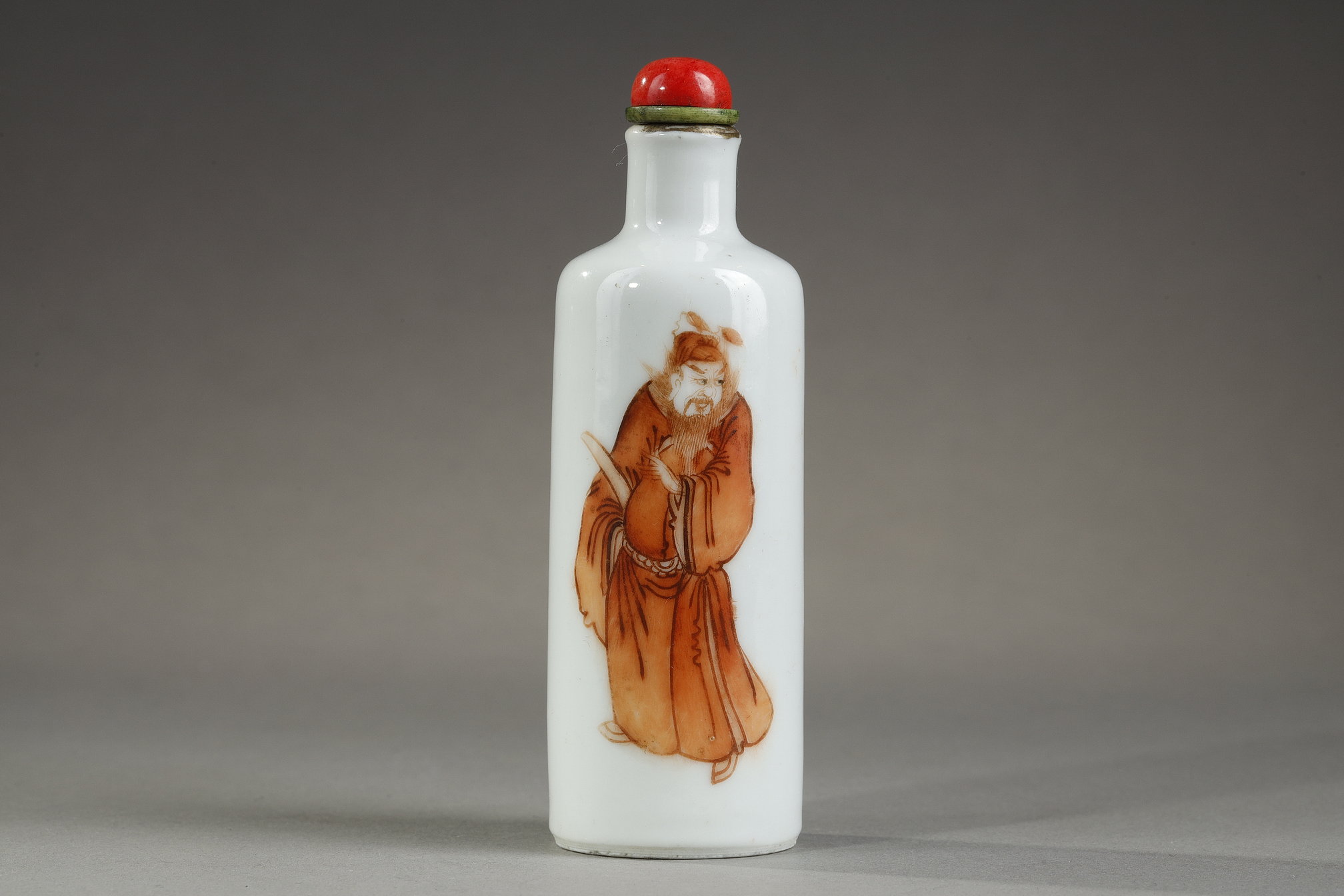 Snuff Bottles : Chinese porcelain snuff bottle decorated in iron red and gold with Zhong Kui  demon queller
Imperial kilns of Jingdezhen  Guanxu mark period (1875/1908)