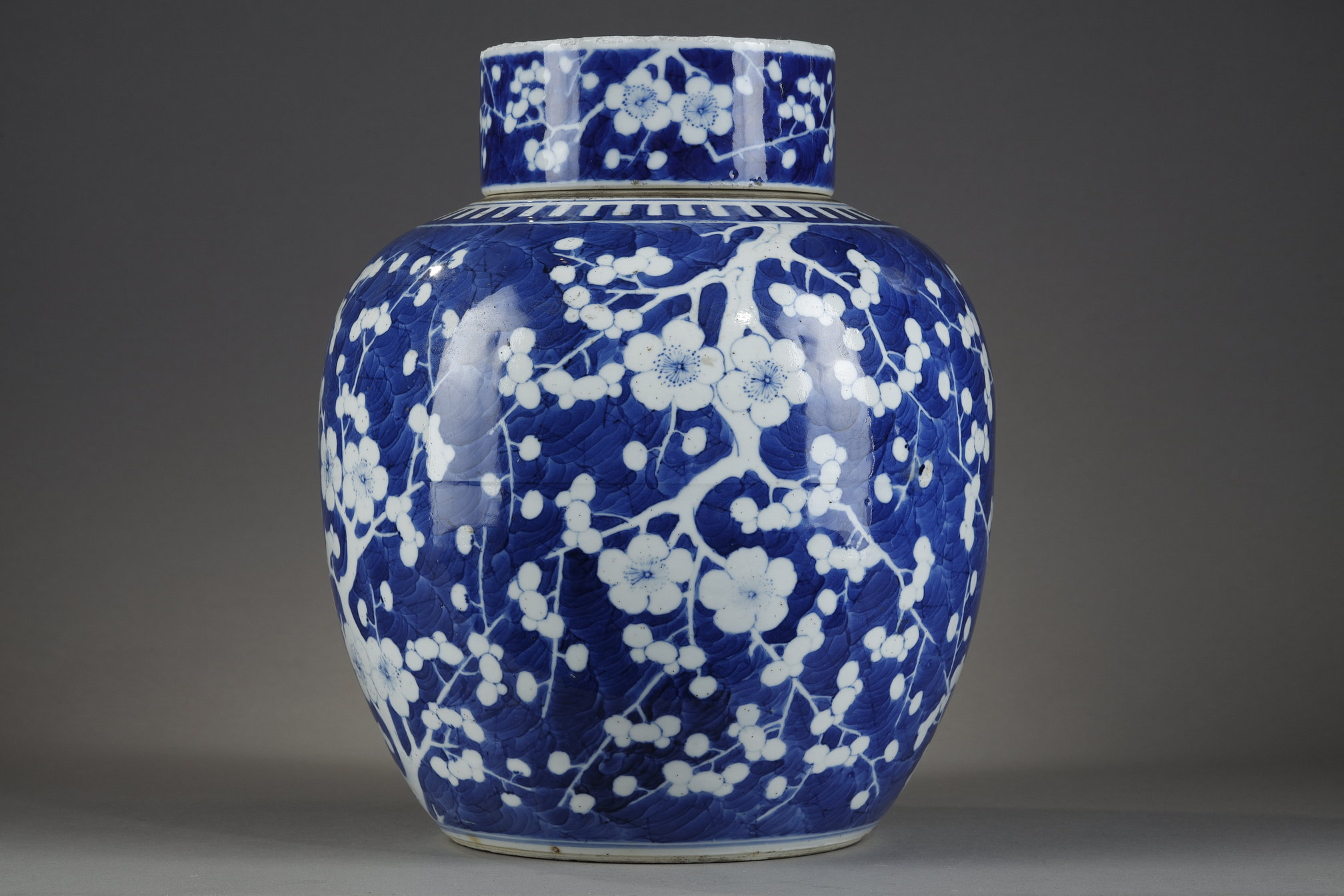 Blue White : porcelain ginger pot "blue white" with prunus branch decor on a background called "cracked ice" 
China Kangxi period 1662/1722