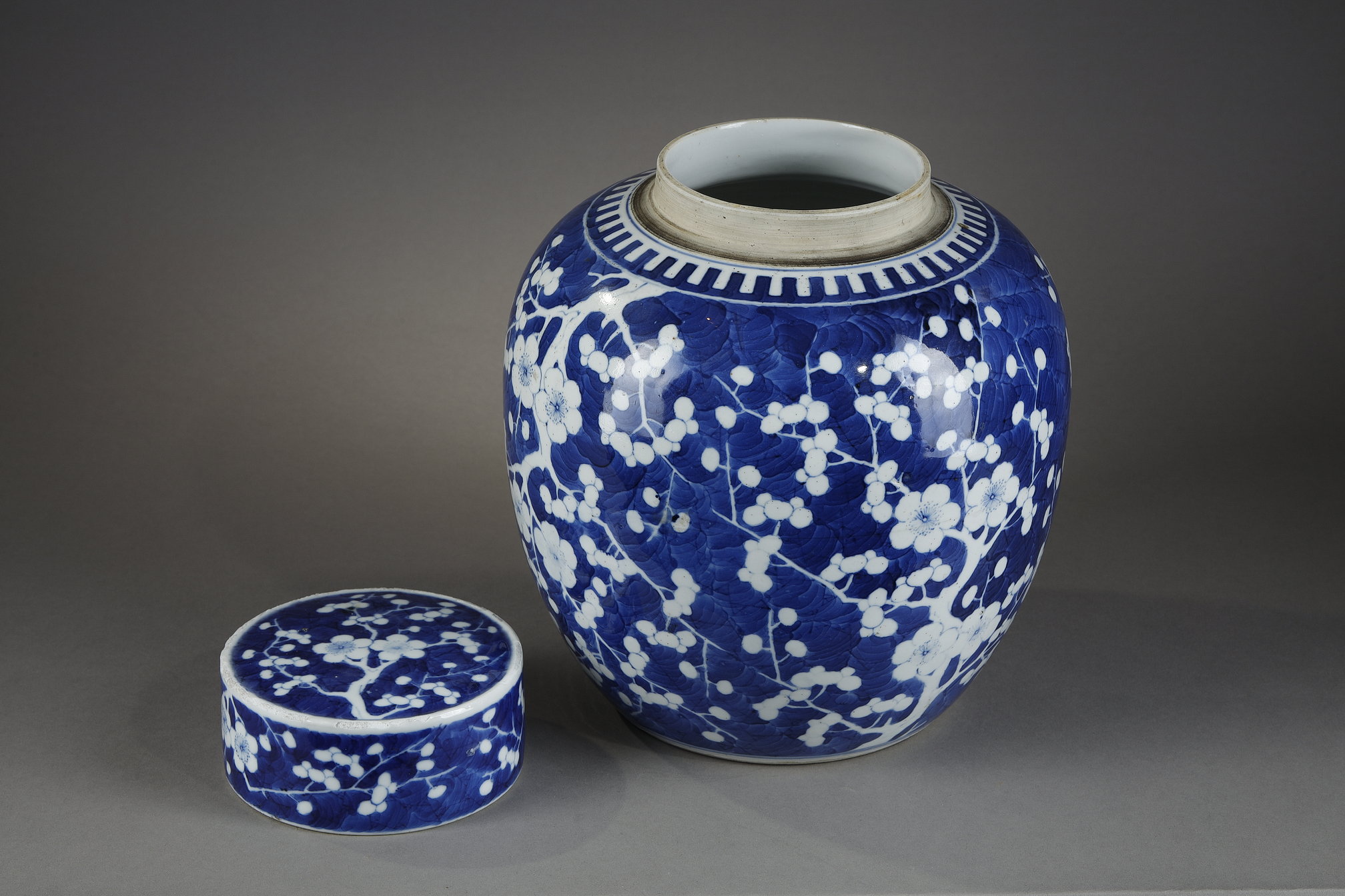 Blue White : porcelain ginger pot "blue white" with prunus branch decor on a background called "cracked ice" 
China Kangxi period 1662/1722