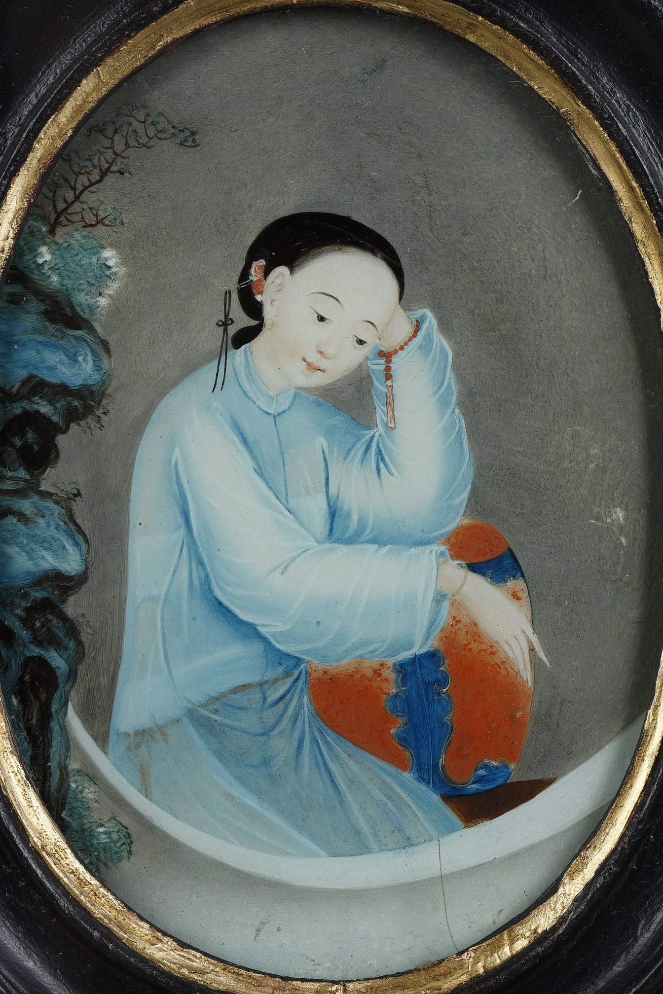 Works of Art : Fixed under framed glass representing a court lady . China 19th century