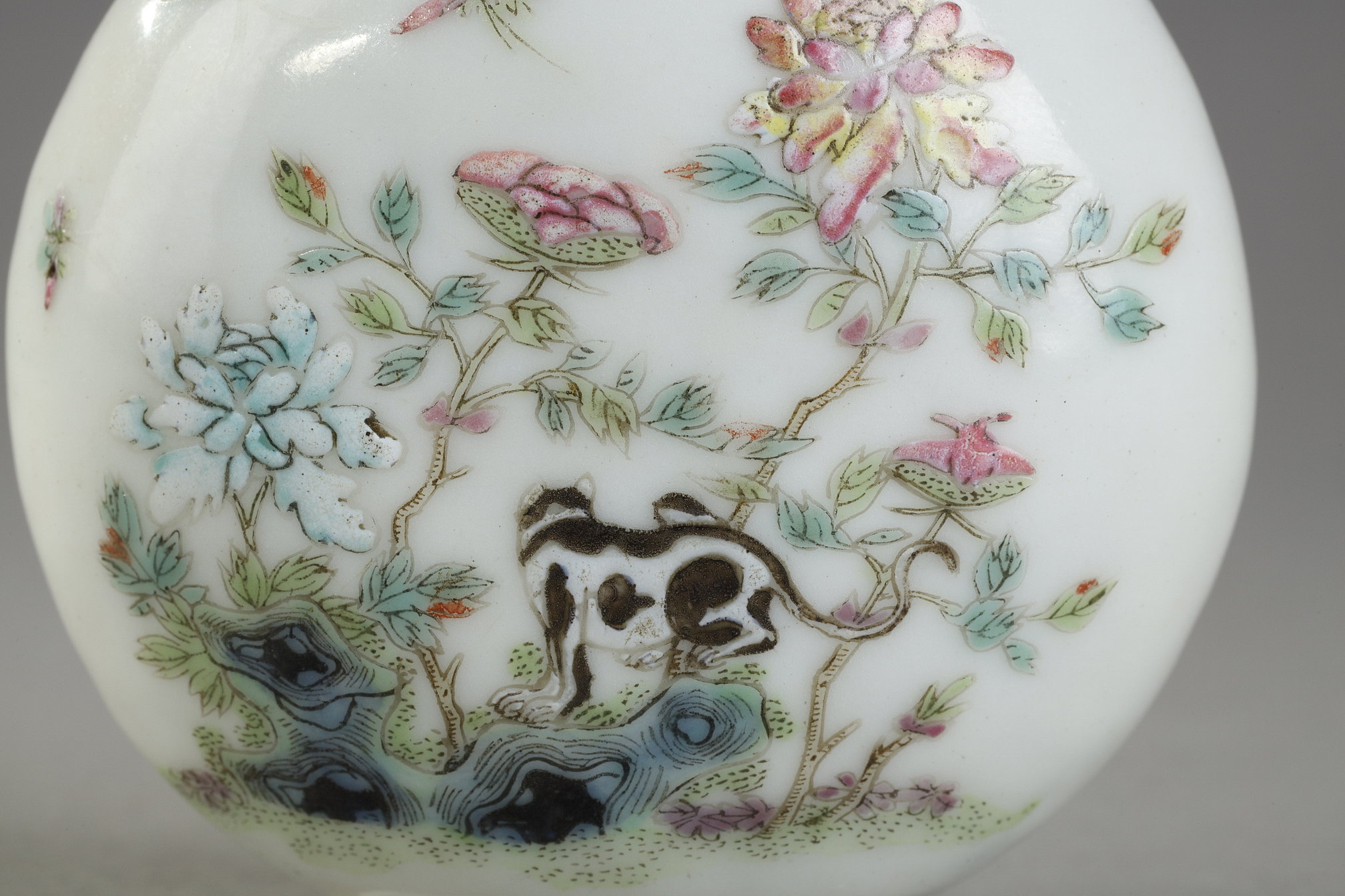 Snuff Bottles : porcelain snuff bottle decorated with flowers cat and butterfly on each face  - Attributed  imperial kilns of jingdezhen - Daoguang period 1821/1850

