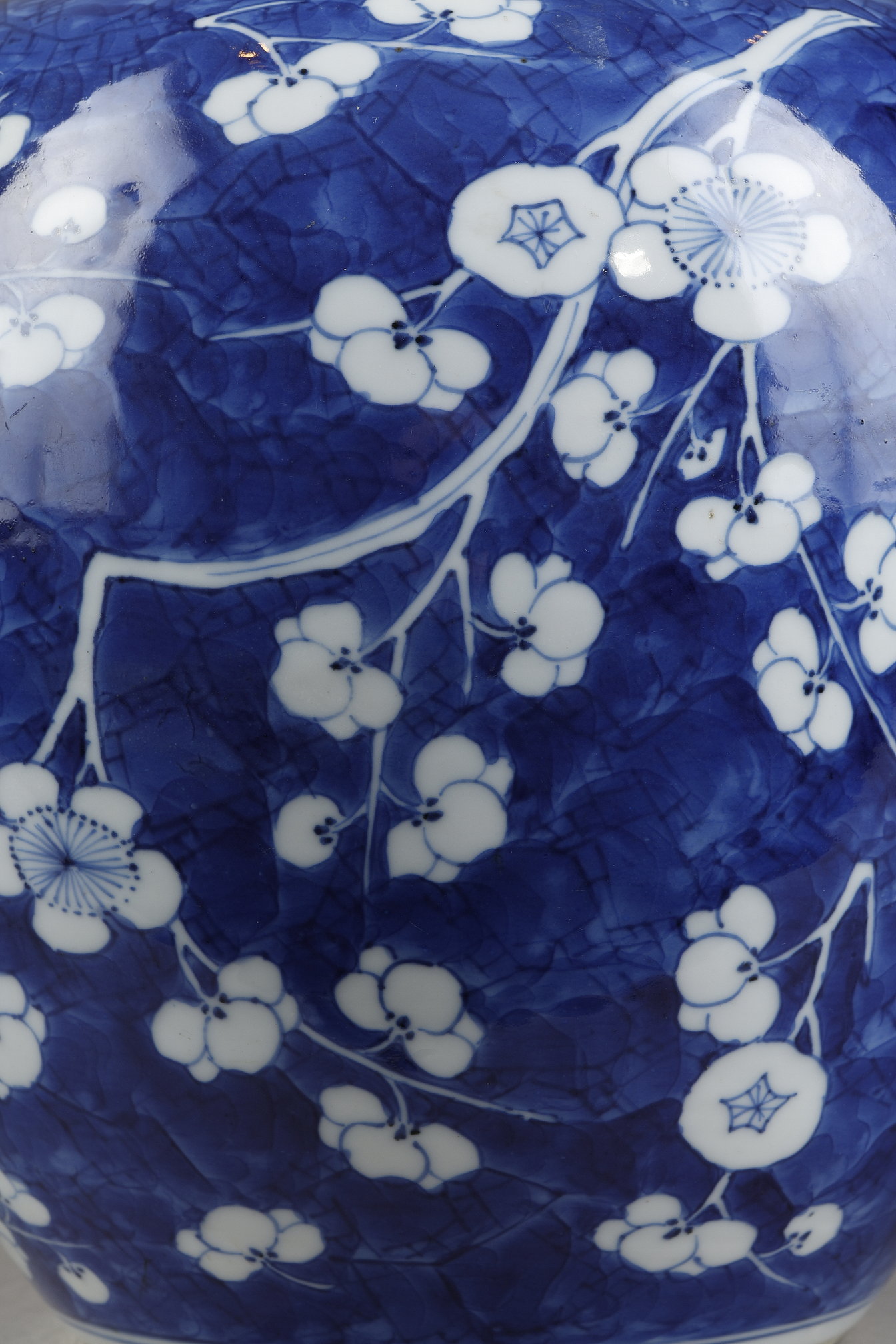 Blue White : Ginger pot and its "blue-white" porcelain cover decorated with prunus branches in flowers on a blue background called "cracked ice"   China Kangxi period 1662/1722