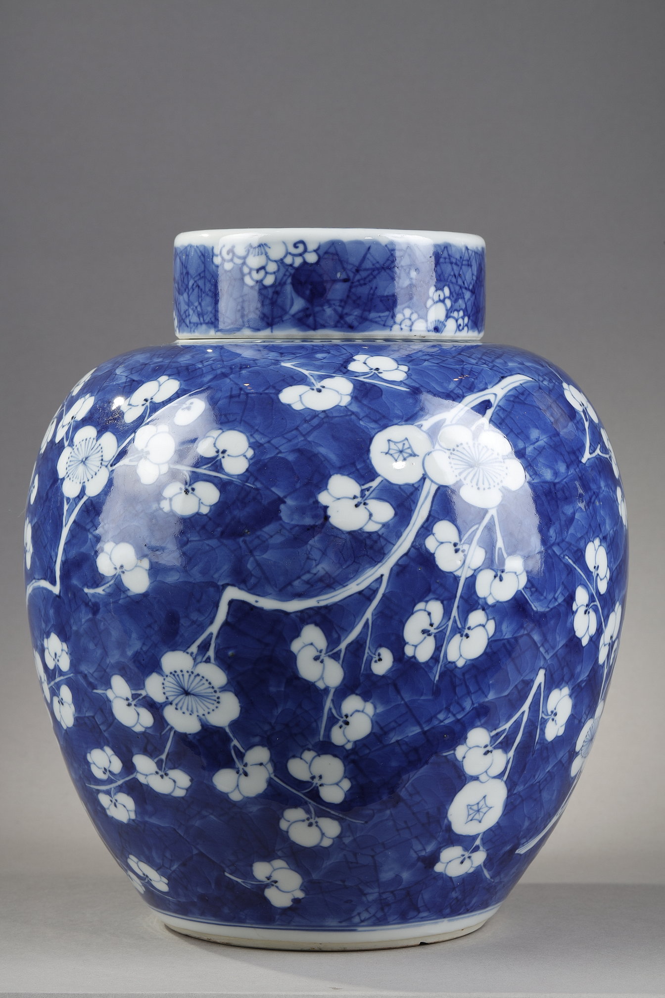 Blue White : Ginger pot and its "blue-white" porcelain cover decorated with prunus branches in flowers on a blue background called "cracked ice"   China Kangxi period 1662/1722
